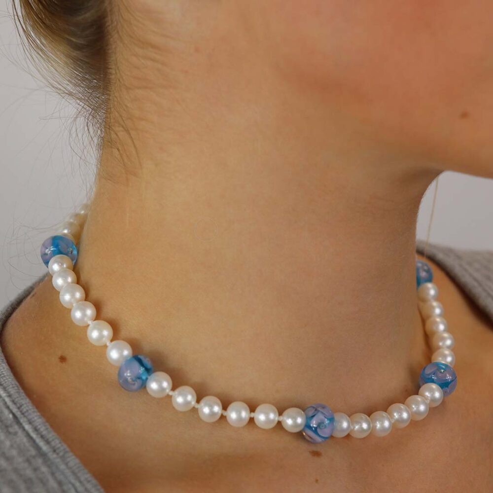 Blue Glass and Pearl Necklace Heidi Kjeldsen Jewellery NL1317 Model