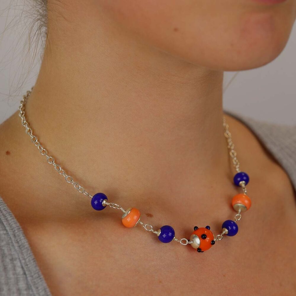Blue and Orange Murano Glass Necklace Heidi Kjeldsen Jewellery Model NL1284