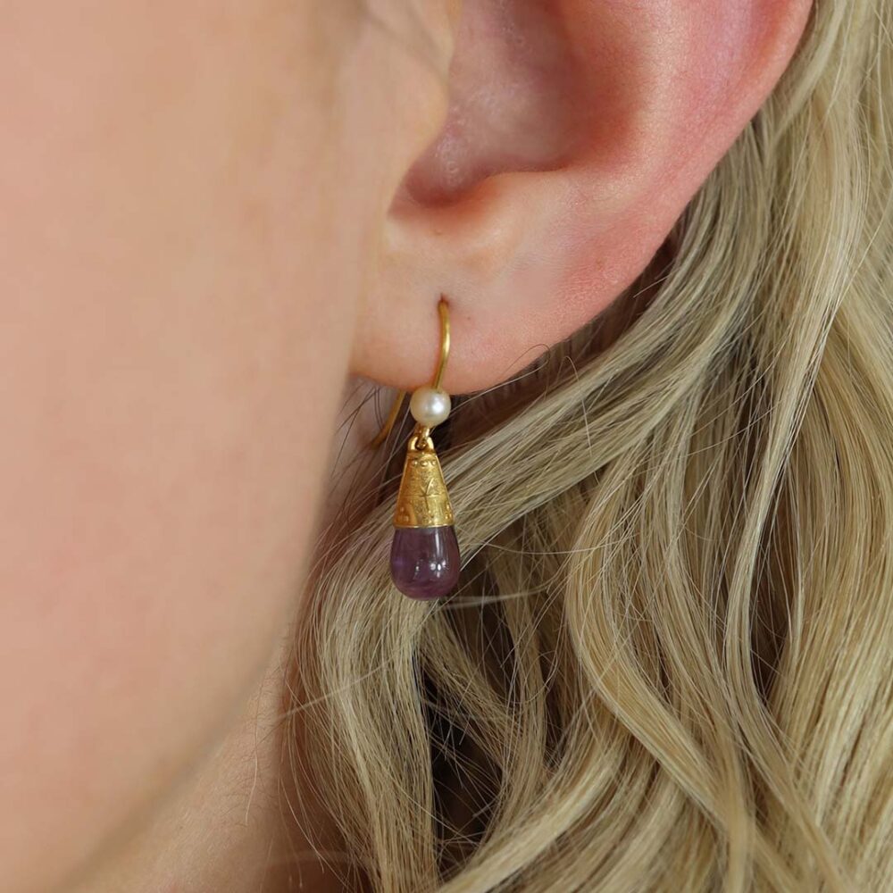 Viola Amethyst and Cultured Pearl Filigree Drop Earrings Heidi Kjeldsen jewellery ER4949 Model