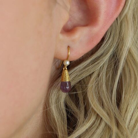 Viola Amethyst and Cultured Pearl Filigree Drop Earrings Heidi Kjeldsen jewellery ER4949 Model