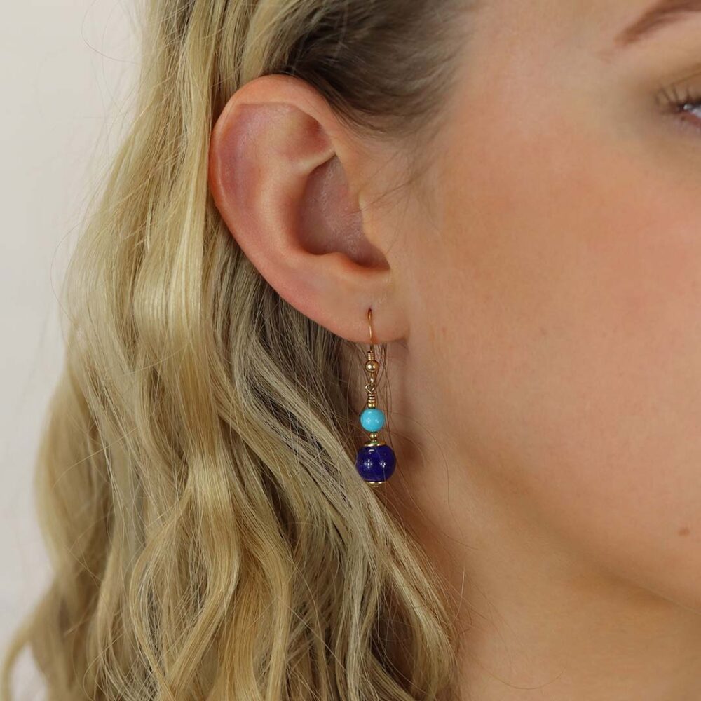 Birgit Turquoise and Lapis Lazuli Drop Earrings Heidi Kjeldsen jewellery ER4752 model