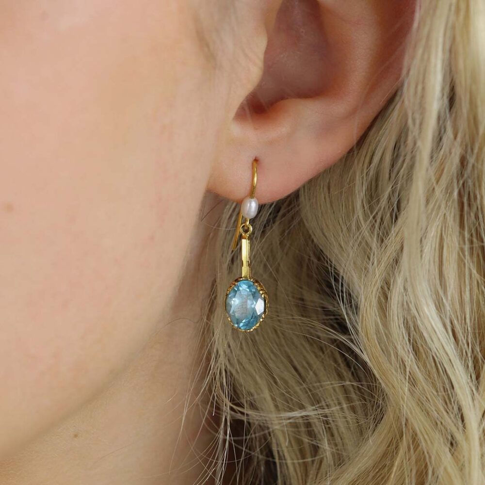 Freja Blue Topaz and Pearl Drop Earrings Heidi Kjeldse Jewellery ER5013 model