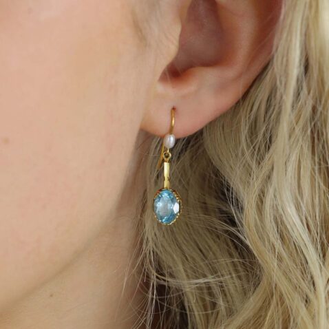 Freja Blue Topaz and Pearl Drop Earrings Heidi Kjeldse Jewellery ER5013 model