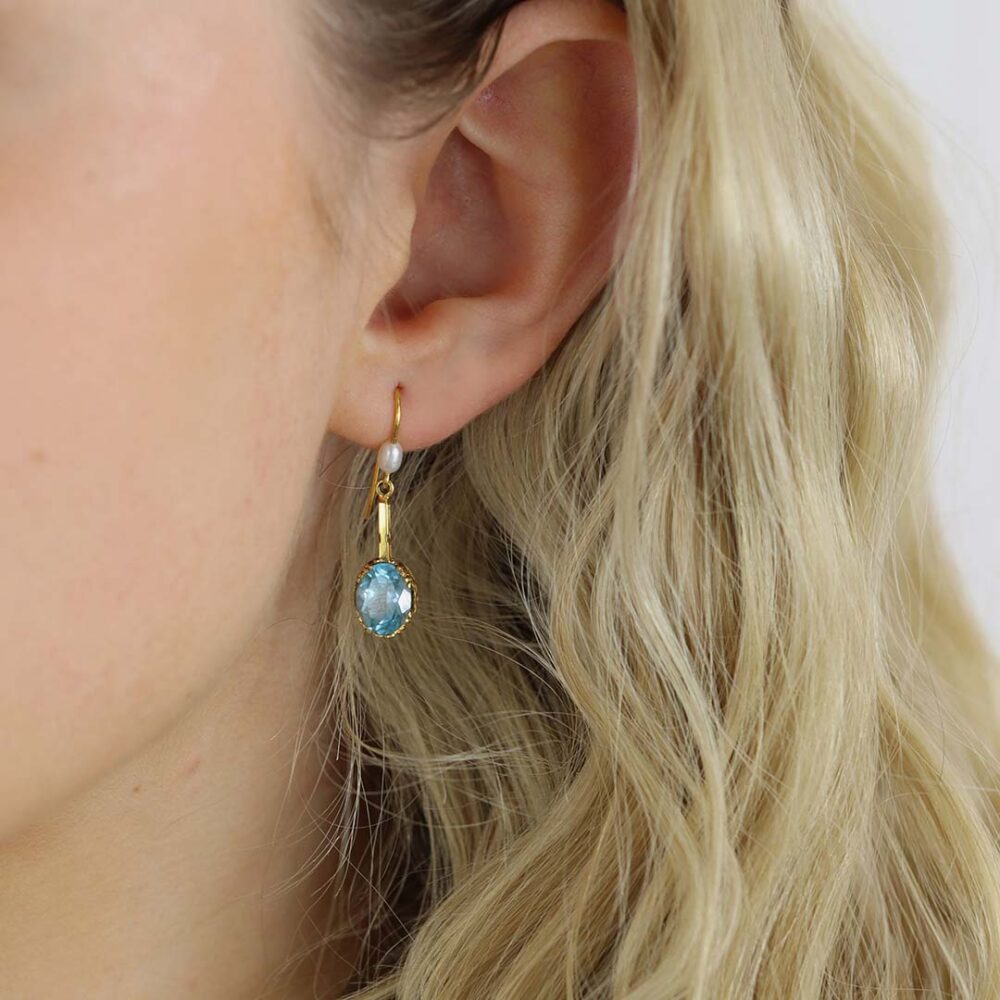 Freja Blue Topaz and Pearl Drop Earrings Heidi Kjeldse Jewellery ER5013 model