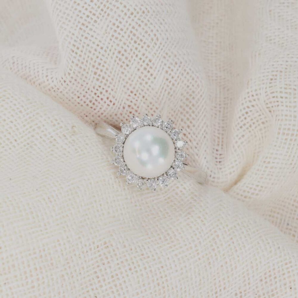 Margit Cultured Pearl and Diamond White Gold Ring Heidi Kjeldsen Jewellery R1336 still