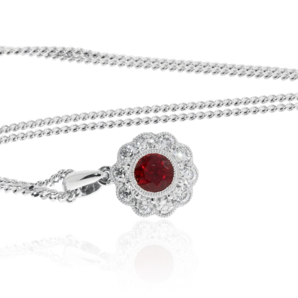 Mathilde Elegant Ruby and Diamond Pendant By Heidi Kjeldsen Jewellery P1405 stand