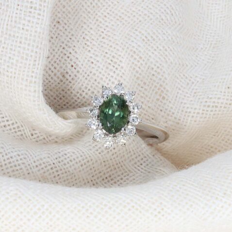 Sara Green Sapphire Diamond Cluster Ring Heidi Kjeldsen Jewellery R4934 still