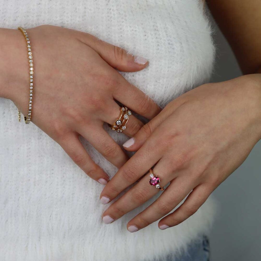 Trine Pink Tourmaline Diamond Bubble Rings Heidi Kjeldsen Jewellery R1720 R1876 BA020X model