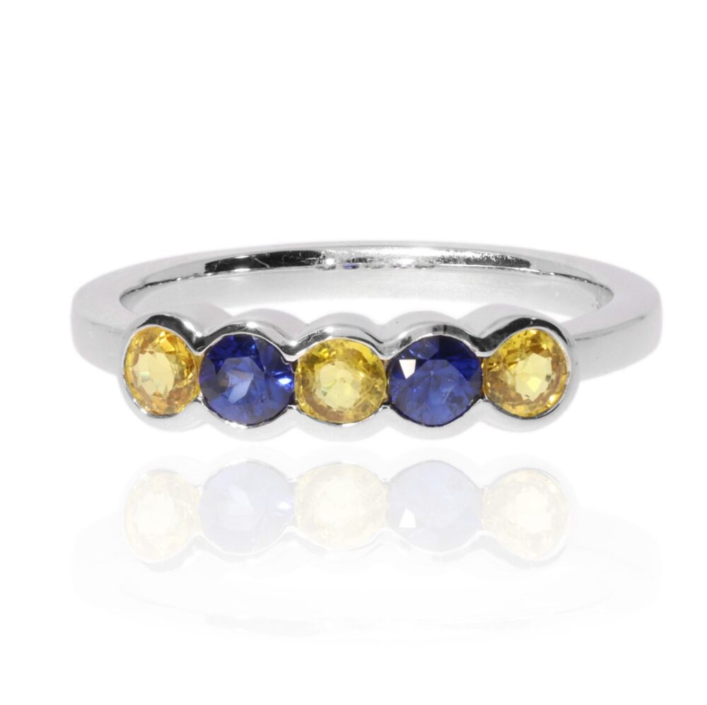 Trine Yellow and blue natural sapphire five stone ring by Heidi Kjeldsen R1525 front