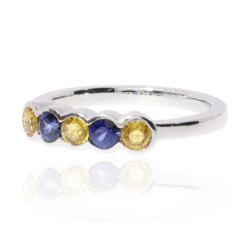 Trine Yellow and blue natural sapphire five stone ring by Heidi Kjeldsen R1525 side