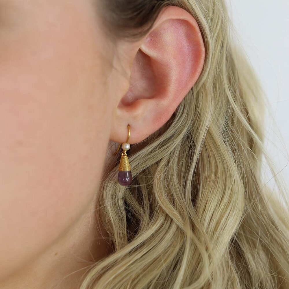 Viola Amethyst and Cultured Pearl Filigree Drop Earrings Heidi Kjeldsen jewellery ER4949 Model