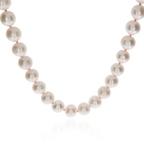 Margit Cultured Pearl Necklace with Orange Knots and Vermeil Clasp Heidi Kjeldsen Jewellery NL1235 hanging