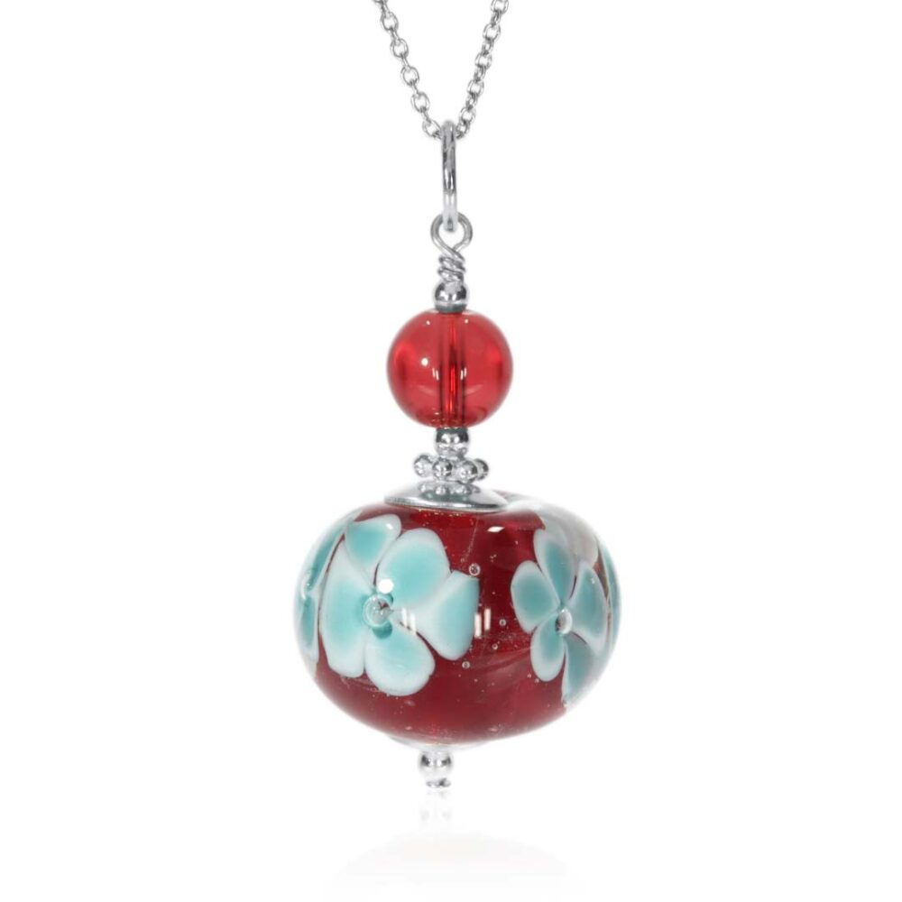 Blue Red Floral Murano Glass Pendant Heidi Kjeldsen Jewellery P1343 Front