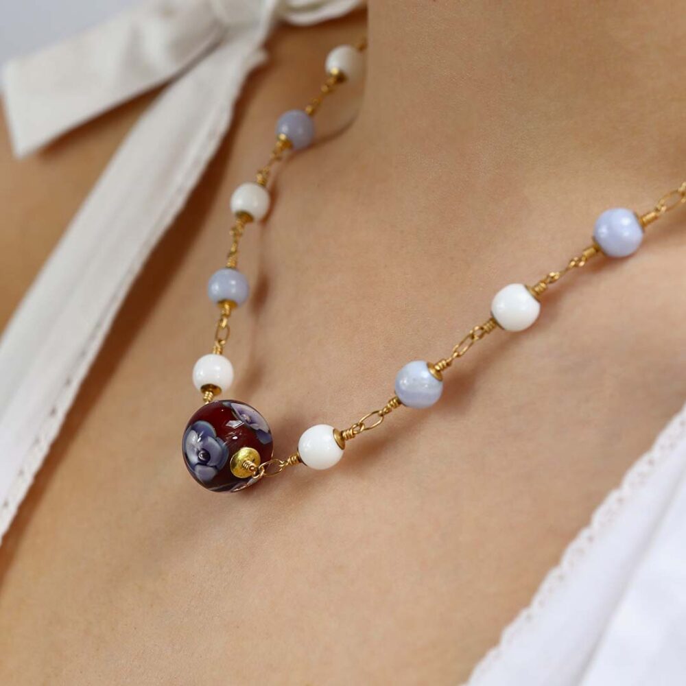 Heidi Red and Blue Floral Glass Necklace Heidi Kjeldsen Jewellers NL1325