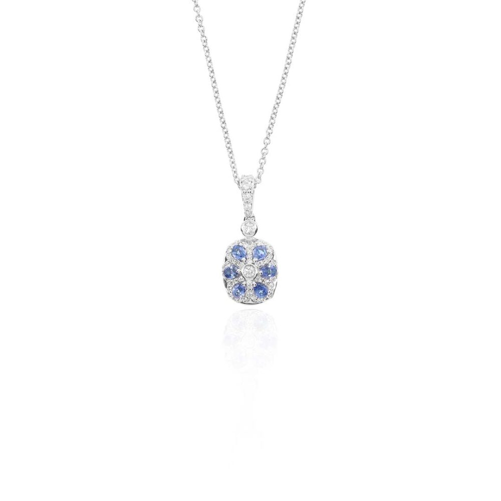 Freja Blue Topaz Sapphire and Diamond Pendant Heidi Kjeldsen Jewellers P1725 hanging