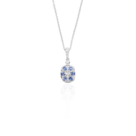 Freja Blue Topaz Sapphire and Diamond Pendant Heidi Kjeldsen Jewellers P1725 hanging