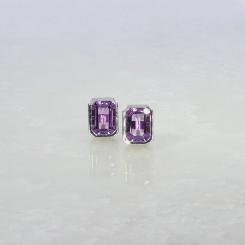 Viola Amethyst Silver Emerald Cut Rub Over Silver Earrings Heidi Kjeldsen Jewellery ER4898 ER6059