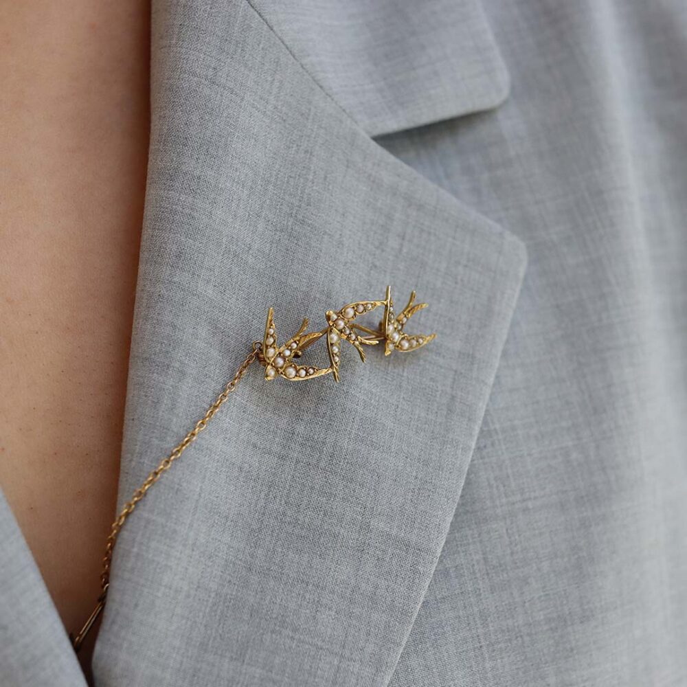 Clara Three Swallow Pearl Gold Brooch Heidi Kjeldsen Jewellers PLBR0003