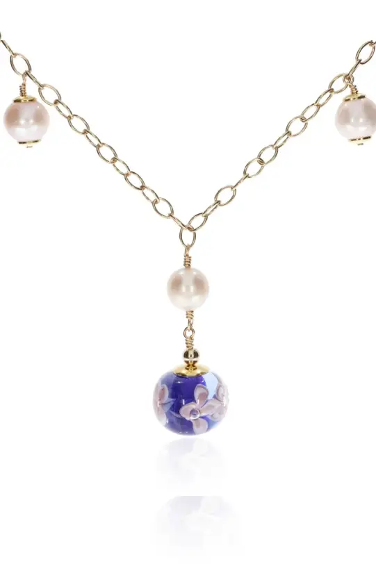 Cultured Pearl and Blue Floral Murano Glass Necklace By Heidi Kjeldsen Jewellery NL1308 front